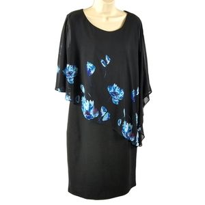 Hanna Nikole black dress with blue floral asymmetrical sheer overlay